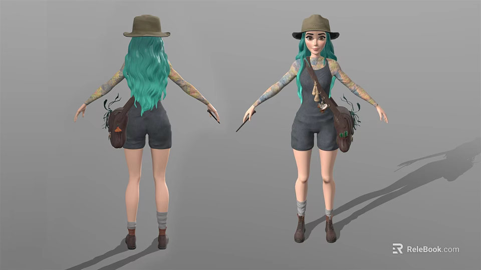 Teal Haired Female Character With Hat Overalls Tattoos And Backpack Knife 3d model 