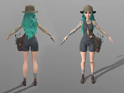 Teal Haired Female Character With Hat Overalls Tattoos And Backpack Knife 3d model