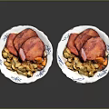 Delicious Grilled Meat Dish With Potatoes And Carrots On White Patterned Plates