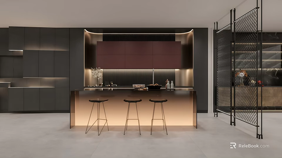 Modern Restaurant Kitchen Design With Dark Cabinets Island Counter Bar Stools And Metal Mesh Shelf 3d model 