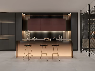 Modern Restaurant Kitchen Design With Dark Cabinets Island Counter Bar Stools And Metal Mesh Shelf 3d model