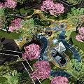 Kids Play Area Featuring Cherry Blossom Trees Green Lawns Colorful Curved Pathways Circular Play Designs