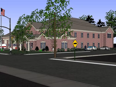Two Story Red Brick Building With American Flag Trees Street And Cars 3d model