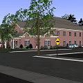 Two Story Red Brick Building With American Flag Trees Street And Cars
