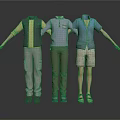 Three Mannequins Wearing Casual Outdoor Clothing With Vests Shirts And Shorts