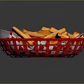 Crispy French Fries In Red Basket With Red Pepper Slices And Dip Sauce
