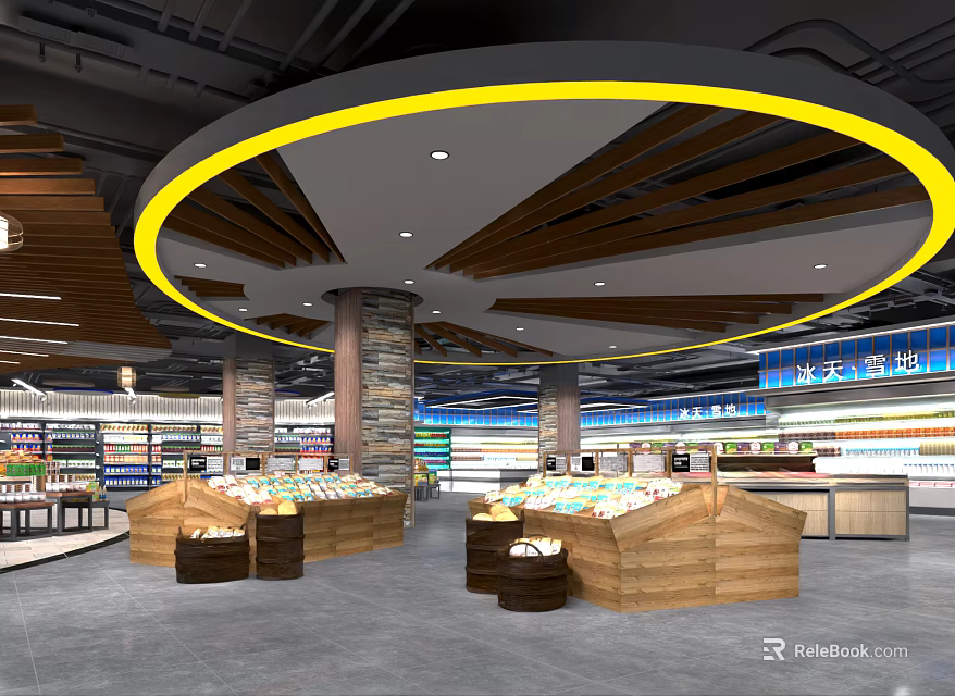 Modern Supermarket Interior Design with Circular Ceiling Lighting and Wooden Product Displays 3d model 