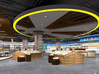 Modern Supermarket Interior Design with Circular Ceiling Lighting and Wooden Product Displays 3d model