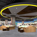 Modern Supermarket Interior Design with Circular Ceiling Lighting and Wooden Product Displays