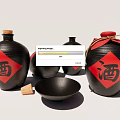Black Wine Jars With Red Wine Character Labels And Cork Stoppers And Black Bowl