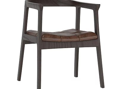 Modern Leisure Chair With Curved Armrests Dark Wooden Frame And Stitched Brown Leather Seat 3d model