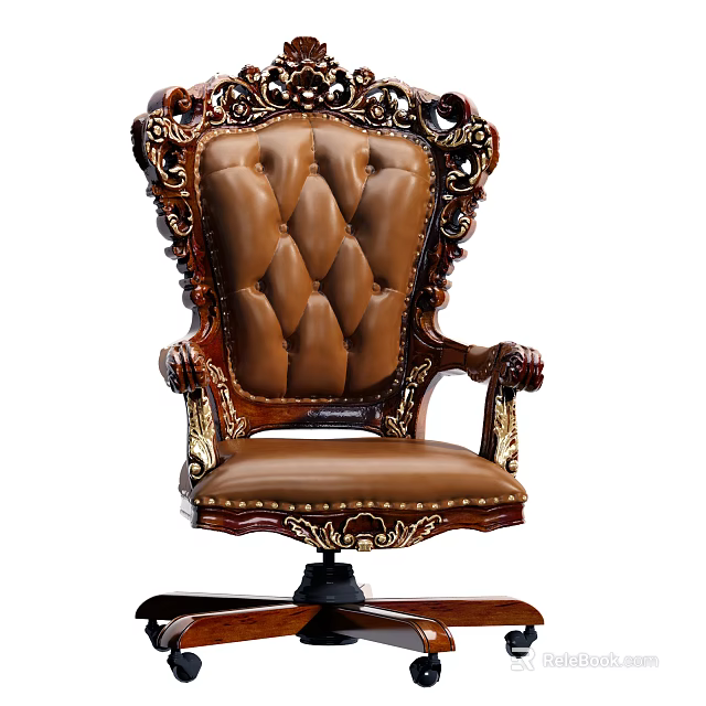 Ornate Brown Leather Office Chair With Tufted Back And Gold Carved Accents 3d model 