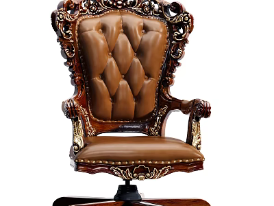 Ornate Brown Leather Office Chair With Tufted Back And Gold Carved Accents 3d model