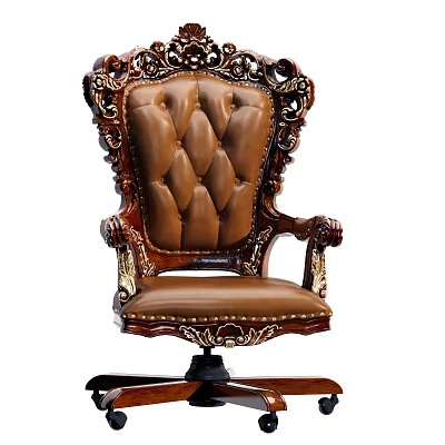 Ornate Brown Leather Office Chair With Tufted Back And Gold Carved Accents 3d model