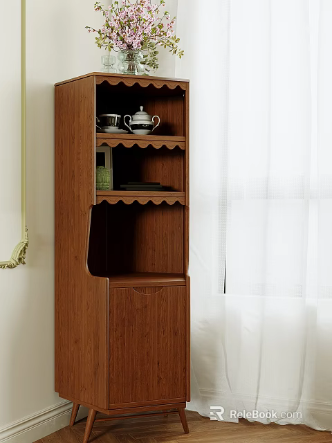 Wooden Entryway Side Cabinet With Shelves Teapot Teacups And Books Interior Design 3d model 