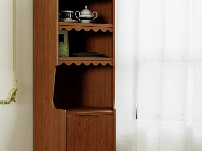 Wooden Entryway Side Cabinet With Shelves Teapot Teacups And Books Interior Design 3d model