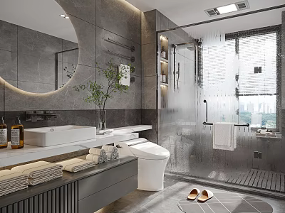 Modern Gray Bathroom Interior With Round Mirror Marble Vanity Shower Area And Green Plant 3d model