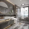 Modern Gray Bathroom Interior With Round Mirror Marble Vanity Shower Area And Green Plant