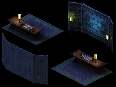 Traditional Chinese Furniture Set With Screen Tea Table Lanterns And Rug 3d model