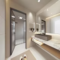 Modern Bathroom Interior With Striped Glass Shower White Tiled Walls And Wooden Shelves