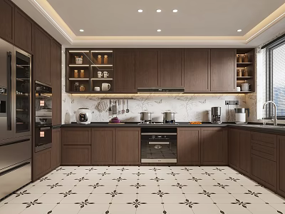 Dark Wood Kitchen With Cabinets Stainless Steel Appliances Marble Countertop And Patterned Flooring 3d model