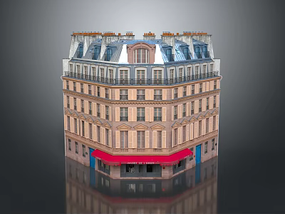 Classical Multi Story Residential Building With Red Awning Arched Windows And Dormer Windows 3d model