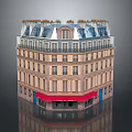 Classical Multi Story Residential Building With Red Awning Arched Windows And Dormer Windows 3d model