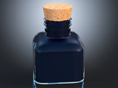 Dark Blue Glass Ink Bottle With Natural Cork Stopper And Smooth Surface 3d model