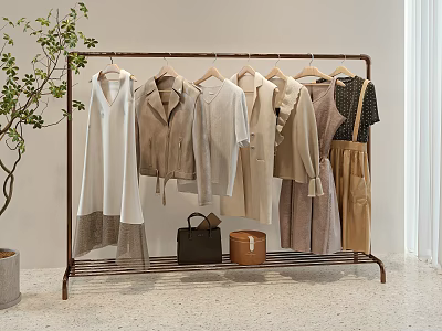 Minimalist Clothes Display On Rack With Neutral Tones Various Styles Plant And Bags 3d model