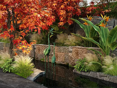 Autumn Plant Combination with Red Maple Trees Grasses and Greenery by Stone Wall and Pond 3d model