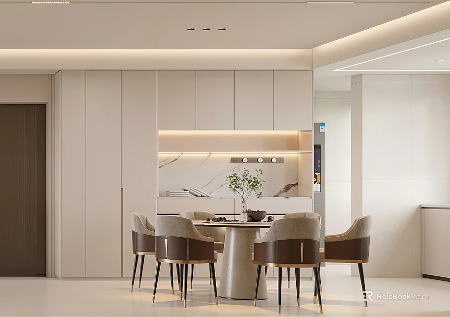 Modern Restaurant Interior With Round Dining Table And Comfortable Chairs 3d model