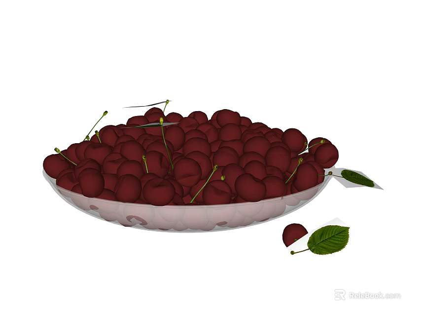 Juicy Fresh Ripe Cherries in Transparent Glass Bowl with Green Leaves 3d model 