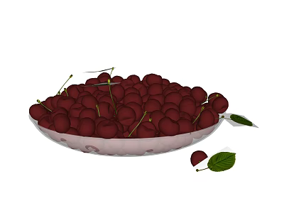 Juicy Fresh Ripe Cherries in Transparent Glass Bowl with Green Leaves 3d model
