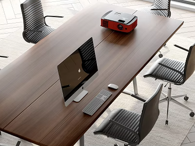 Wooden Conference Table With Red Projector Computer And Black Office Chairs In Modern Office 3d model