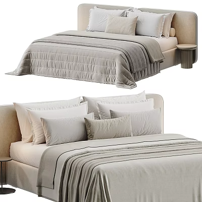 Elegant Modern Double Bed With Beige Bedspread Pillows And Wooden Nightstand 3d model