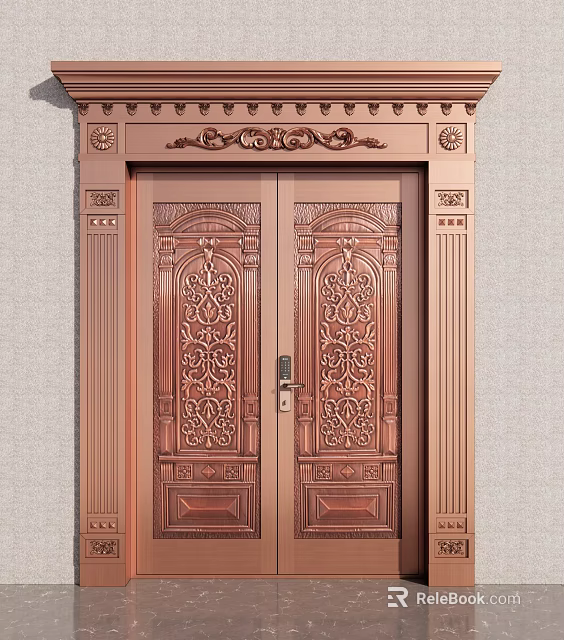 Elegant Copper Double Doors With Intricate Carved Patterns And Decorative Frame 3d model 