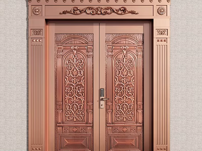 Elegant Copper Double Doors With Intricate Carved Patterns And Decorative Frame 3d model