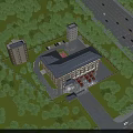 Bird's Eye View Planning Layout with Buildings Green Spaces Roads and Parking Areas