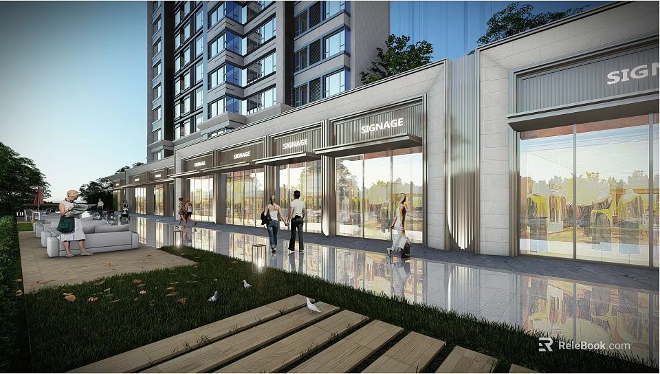 Modern Urban Commercial Street with Glass Storefronts Pedestrians Greenery and Wooden Benches 3d model 