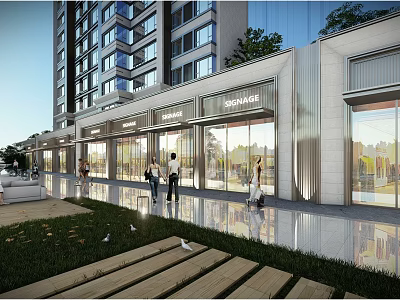 Modern Urban Commercial Street with Glass Storefronts Pedestrians Greenery and Wooden Benches 3d model
