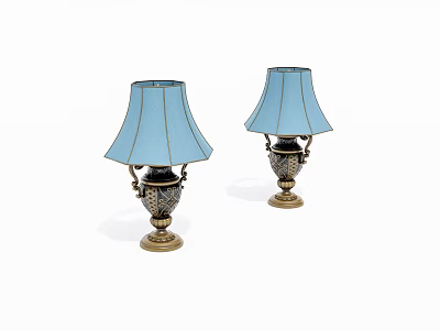 Two Elegant Table Lamps With Light Blue Shades And Ornate Brass Bases 3d model