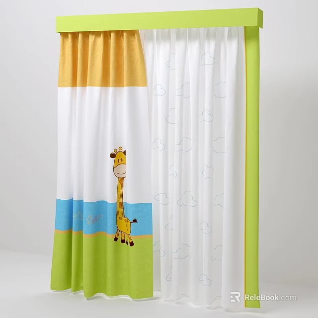 Colorful Children Curtains with Giraffe Cloud Patterns and Yellow White Green Panels 3d model 