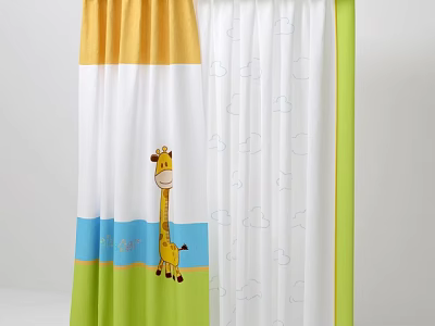 Colorful Children Curtains with Giraffe Cloud Patterns and Yellow White Green Panels 3d model
