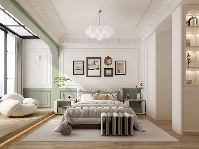 Modern Bedroom Interior Featuring Cozy Bed Green Walls Decorative Paintings Chandelier And Large Windows 3d model