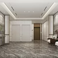 Modern Elevator Lobby With Marble Walls Floor Sofa Artwork Plants And Ceiling Lighting 3d model