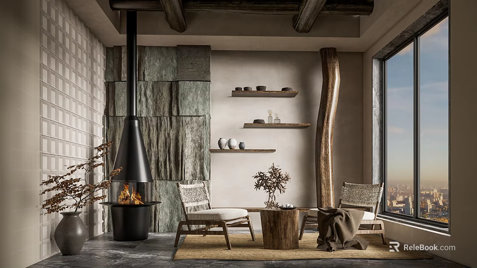 Cozy Living Room Interior With Stone Wall Wooden Beams Fireplace Armchairs And City View 3d model 
