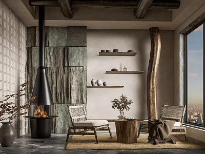 Cozy Living Room Interior With Stone Wall Wooden Beams Fireplace Armchairs And City View 3d model