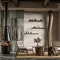 Cozy Living Room Interior With Stone Wall Wooden Beams Fireplace Armchairs And City View