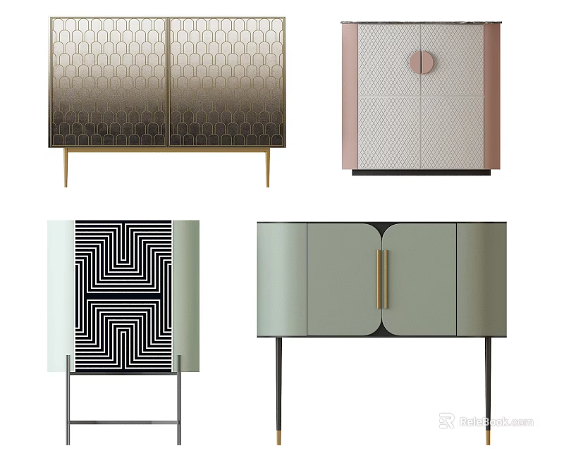 Stylish Decorative Cabinets With Patterned Doors Colorful Designs And Gold Accents 3d model 