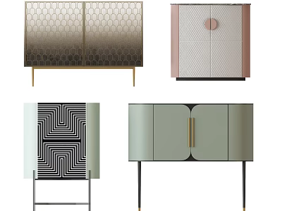 Stylish Decorative Cabinets With Patterned Doors Colorful Designs And Gold Accents 3d model